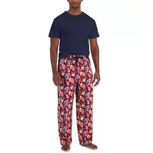 CLUB ROOM Mens Sleepwear Large Blue Crew Red Floral Tropical Pajama Set PJs